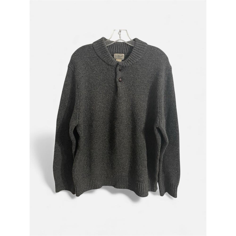 LL Bean Lambs Wool Classic Ragg Sweater Size Large Reg Men Charcoal Gray Henley
